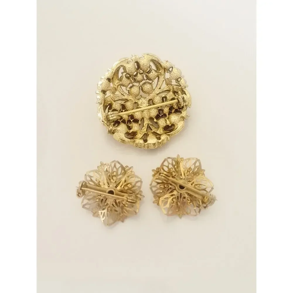 Vintage MCM Amber and Brown Rhinestone Brooch and Earring Set